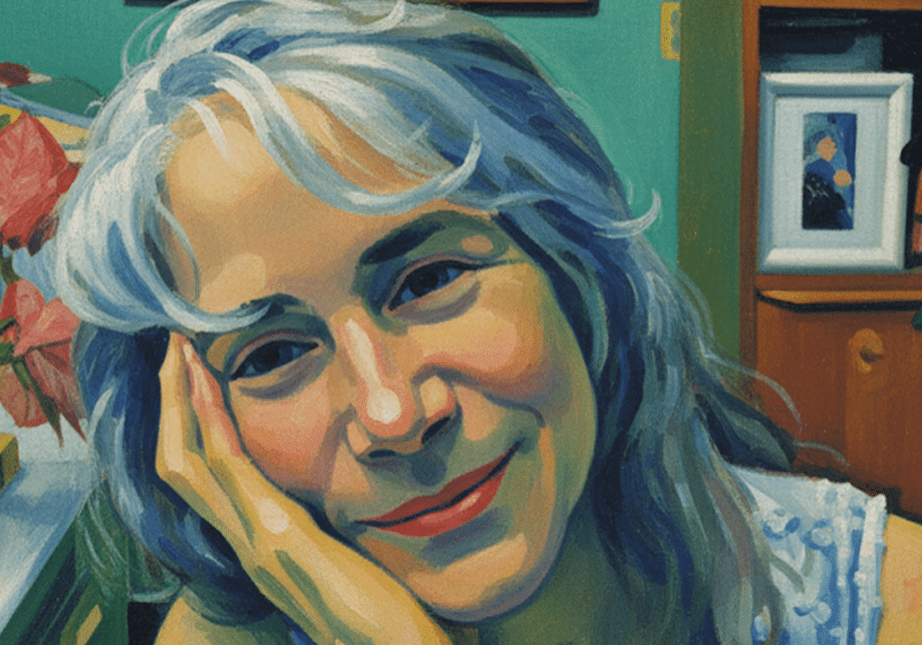 Smiling woman with gray hair indoors